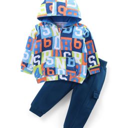 Babyhug Terry Knit Full Sleeves Hooded T-Shirt & Lounge Pants Set With Kangaroo Pocket & Alphabets Print - Blue-image-22