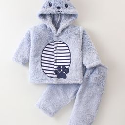 Mom's pet Fur Full Sleeves Textured Paw Embroidered Hooded SweatshirtWith Coordinating Pant Set - Blue-image-96