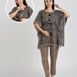 True Shape Cotton Half Batwing Sleeves Floral Printed & Lace Embellished Coordinating Maternity Kaftan Kurta With Nursing Access & Pant Set - Multi Colour-7