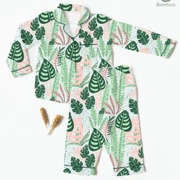 Cocoon Care 100% Bamboo Cotton Muslin Full Sleeves Leaves Printed Coordinating Night Suit Set - Green-image-86