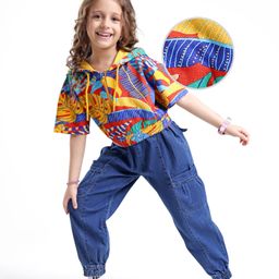 Ollington St.Cotton Half Sleeves Leaf Printed Hoodie & Stretchable Denim Joggers - Multicolor & Indigo-image-0