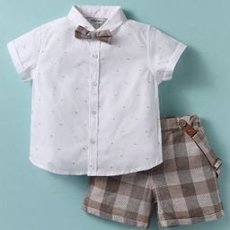 ToffyHouse Poplin Woven Half Sleeves Shirt & Shorts With Bow & Suspender & Checks - White & Grey-image-2