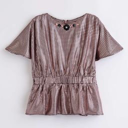 Tiny Girl Half Bell Sleeves Checked Floral Beads Embellished Top - Copper-image-44