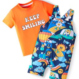 Babyhug Single Jersey Knit Dungaree & Half Sleeves T-Shirt With Animal Print - Blue & Orange-image-10