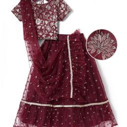 Babyhug Woven Half Sleeves Lehenga Choli Set & Dupatta With Sequin & Floral Design and Lace Detailing - Maroon-image-67