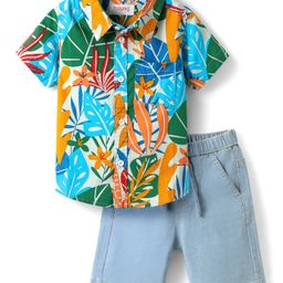 Babyhug Cotton Woven Half Sleeves Shirts and Shorts Set with Leaves Print - Light Blue-image-30