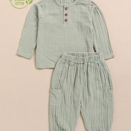 Cot & Candy Organic Cotton Full Sleeves Solid Tee & Lounge Pant Set - Sage-image-30