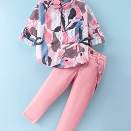Rikidoos Full Sleeves Abstract Printed Textured Shirt With Pant Suspender & Bow Set - Multi Colour & Peach-67