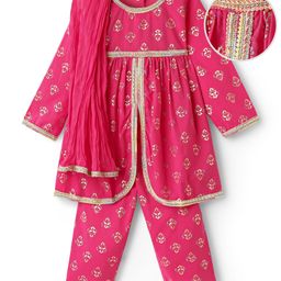 EARTHY TOUCH Cambric Woven Three Fourth Sleeves Foil Printed Kurti Chudidar Set with Dupatta & Lace Detailing - Dark Pink-image-77