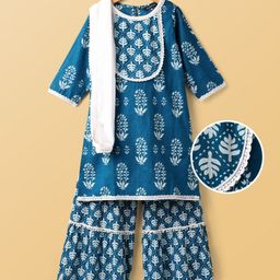 Pine Kids Cotton Woven Three Fourth Sleeves Kurti Palazzo Set with Dupatta & Floral Print - Navy Blue-picture-18