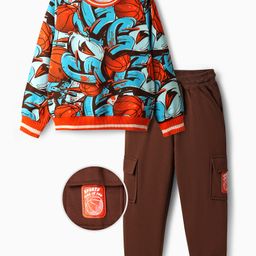 OLLINGTON ST. Cotton Knit Full Sleeves Printed Sweatshirt & Knit Joggers Set with Abstract Print - Multicolor & Dark Brown-picture-32