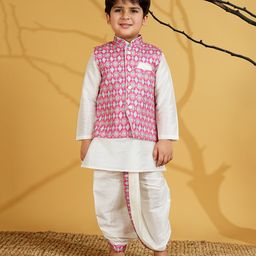 AJ Dezines Silk Blend Woven Full Sleeves Solid Kurta & Dhoti With Geometric Printed Jacket Set - Pink-image-57