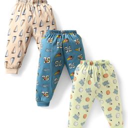 CUCUMBER Cotton Knit Full Length Leggings With Sport Theme Print Pack Of 3 - Peach & Blue-image-99