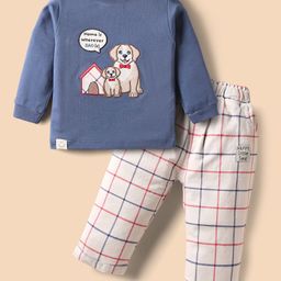 Ollypop Interlock Knit Full Sleeves T-Shirt & Leggings with Dog & Checks Print - Navy Blue & White-picture-1