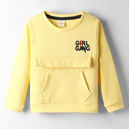 Olio Kids Knitted Full Sleeves Winter T-Shirt With Kangaroo Pockets & Girl Gang Print - Light Yellow-picture-28