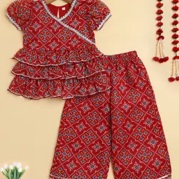 The Magic Wand Woven Half Puffed Sleeves Ethnic Printed Gota Lace Embellished Coordinating Top & Pant Set - Red-picture-29