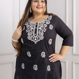 Lee Moda Plus Size Paisley Embroidered Round Neck Pure Cotton Kurti-image-58