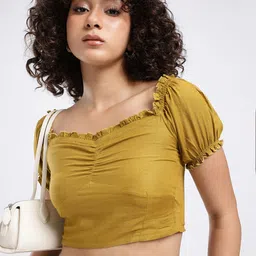 4WRD by Dressberry Cool Chic Sweetheart Neck Puff Sleeve Gathers Smocked Crop Top-image-90
