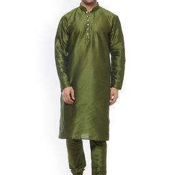Hangup Men Olive Green Solid A-Line Dupain Silk Kurta-image-72