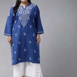 ADA Women Plus Size Blue & White Chikankari Hand Embroidered Sustainable Straight Kurta-image-100
