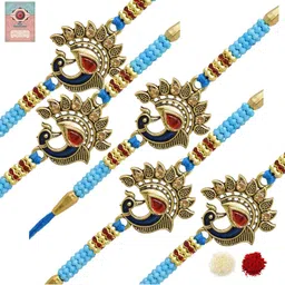 MEIRA JEWELLERY Set Of 5 Beaded Peacock Rakhi Comes with Roli Chawal & Greeting Card-image-94