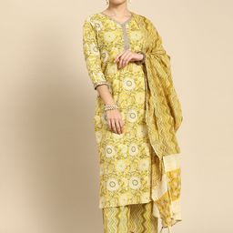 Anouk Women Yellow Floral Printed Regular Beads and Stones Pure Cotton Kurta Set-picture-51