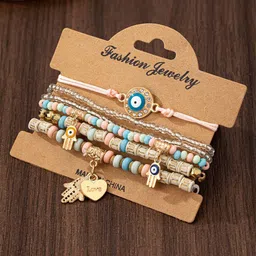 DressBerry Set Of 6 Gold-Plated Crystals Studded & Beaded Charm Bracelet-67