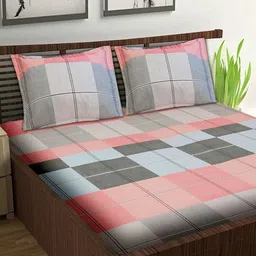 Wee Hours Pink & Brown Geometric 210 TC Queen Bedsheet with 2 Pillow Covers-image-53