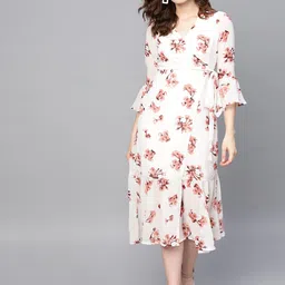 SASSAFRAS White & Pink Floral Print Wrap Dress-image-12