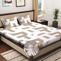 Myntra Elegant Homes Pink & Beige Abstract Printed Fitted 300 TC Super King Bedsheet With 2 Pillow Cover-8