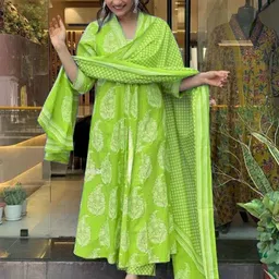 GEKHA Floral Printed Pleated Thread Work Pure Cotton Anarkali Kurta With Trouser & Dupatta-picture-21