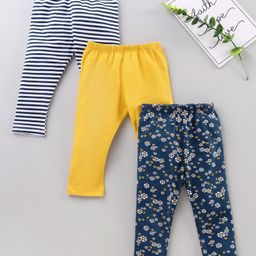 Babyhug Knit Lycra Full Length Leggings With Stretch Striped And Flower Printed Pack Of 3 - Multicolor-image-47