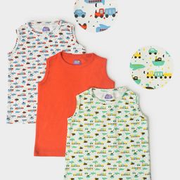 Mi ArcusCotton Sleeveless Vehicle Printed T-Shirts Pack of 3 White Orange & Green-image-7