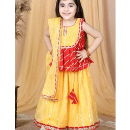 Kinder Kids A- Line Sleeveless Cotton Leheriya Top with Foil Printed Lehenga & Dupatta - Red & Yellow-picture-46