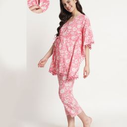 Aujjessa Three Fourth Bat Wing Sleeves Floral Printed Kaftan Style Front Zipper Maternity Night Suit - Pink-image-50