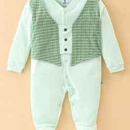 Mini Taurus Cotton Knit Full Sleeves Checkered Rompers - Green-image-73