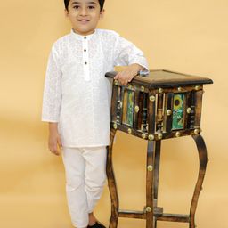 MoMaa Boys Pure Cotton  Full Sleeves Chikankari Embroidered Kurta Pyjama Set - White-image-88