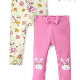 Babyoye 100% Cotton with Eco Jiva Finish Bunny Printed Leggings with Bow Applique Pack of 2 - Pista & Pink-image-71