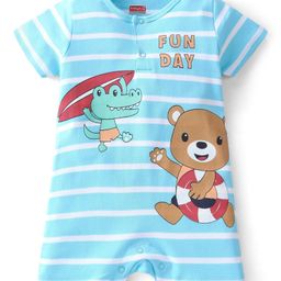 Babyhug 100% Cotton Knit Interlock Half Sleeves Romper with Striped & Animals Print - Blue-image-99