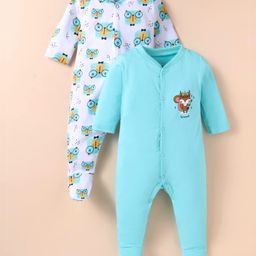 OHMS Single Jersey Knit Full Sleeves Footed Sleep Suit with Bear Printed Pack of 2 - Aqua Blue & White-image-25