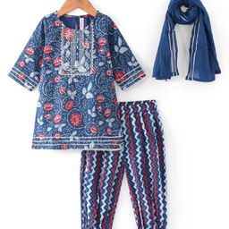 Babyhug Woven Three Fourth SleevesFloral & Chevron Printed Kurta Salwar Set with Dupatta & Lace Detailing - Navy Blue-image-19