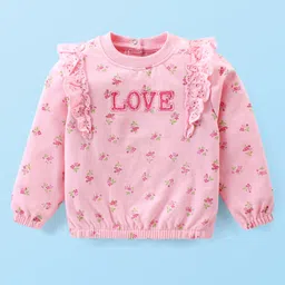 Babyoye Cotton Woven Full Sleeves Winter Wear Top with Text Embroidery & Frill Detailing - Pink-picture-45
