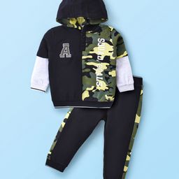 Babyhug Cotton Knit Full Sleeves Hooded T-Shirt & Lounge Pants Set With Text & Camouflage Print - Black & Olive Green-picture-26