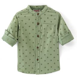 Babyhug Cotton Woven Full Sleeves Mandarin Collared Printed Shirt - Green-image-84