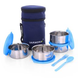 Varmora HomewareQuattro Stainless Steel Lunch Box For Office Set of 4 Lunch Bag Included - Blue-image-46