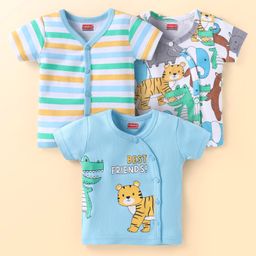 Babyhug Interlock Knit Half Sleeves Front Open Vests with Animal Print & Stripes Pack of 3 - Light Blue & White-picture-19
