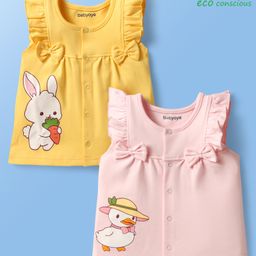 Babyoye 100% Cotton With Eco Jiva Finish Front Open Sleeveless Jhablas With Animals & Birds Print - Pink & Yellow-image-89