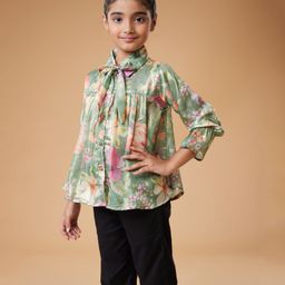 MASTARANG Satin Three Fourth Peasant Sleeves Floral Printed & Bow Applique Detailed Shirt Style Top - Green-image-70