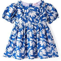Babyhug Cotton Woven Puffed Sleeves Frock with Floral Print - Blue-image-57