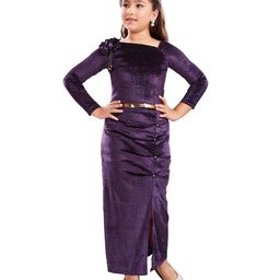 Lei-Chie Velvet Full Sleeves Floral Applique Detailed Sequins Embellished Gown With Belt - Purple-image-17